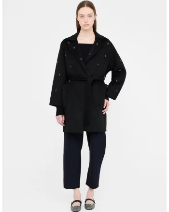 Trenci din amestec de lana cu broderie decorata, Negru