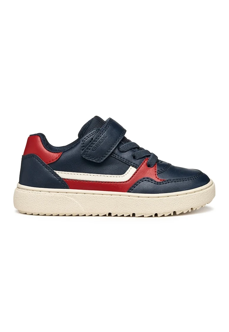 Pantofi sport de piele ecologica cu logo si velcro, Albastru inchis/Rosu vermillion
