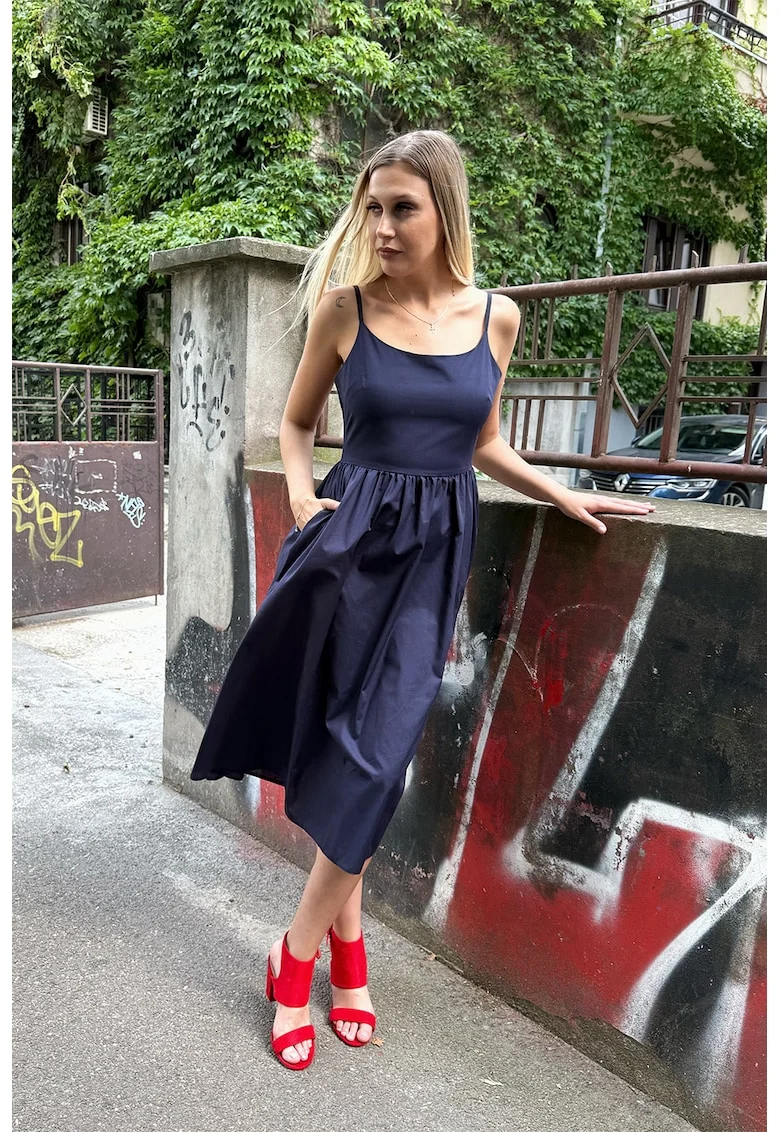 Rochie midi evazata cu bretele inguste, Bleumarin