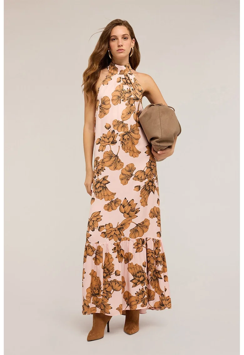 Rochie lunga cu imprimeu floral, Negru/Caramel/Roz pal