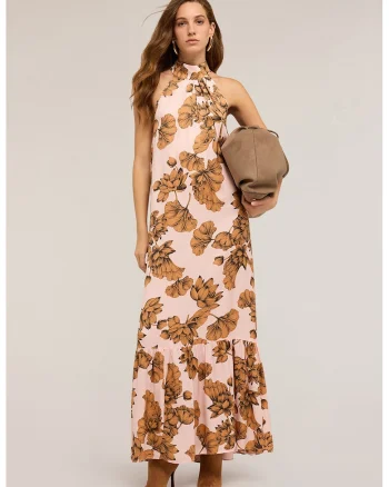 Rochie lunga cu imprimeu floral, Negru/Caramel/Roz pal