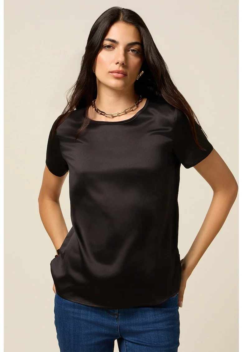 Tricou cu decolteu la baza gatului si model uni, Negru