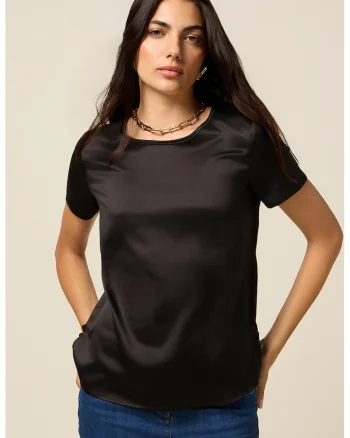 Tricou cu decolteu la baza gatului si model uni, Negru