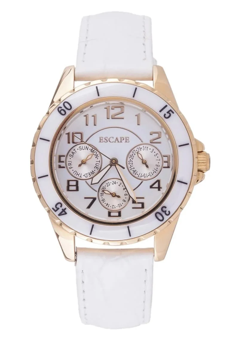 Ceas dama  36 mm, curea piele ecologica alba, rezistenta la apa 5 ATM
