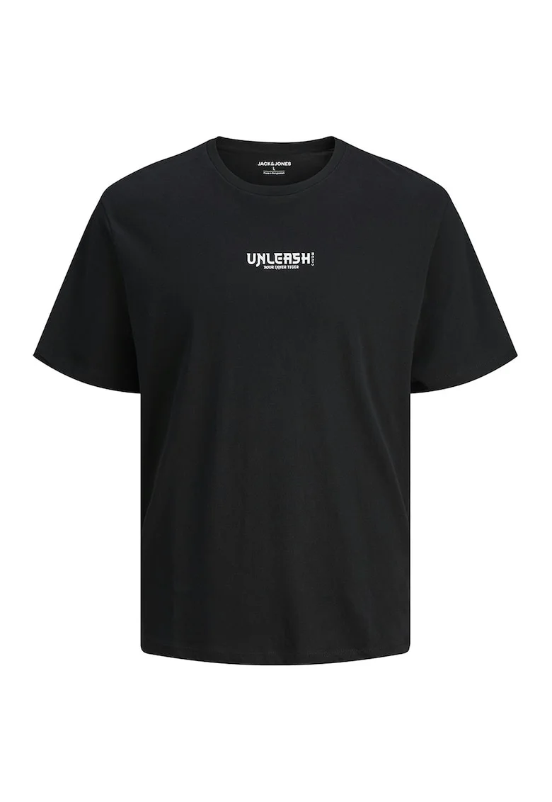 Tricou cu imprimeu si decolteu la baza gatului, Negru/Alb murdar