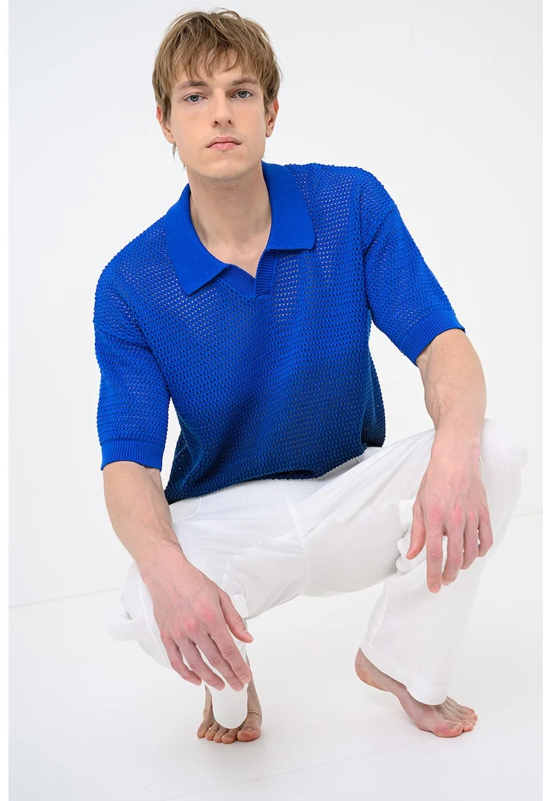 Tricou polo tricotat cu perforatii Skanjou, Albastru royal