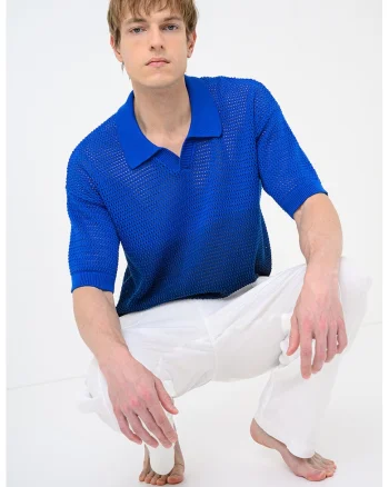 Tricou polo tricotat cu perforatii Skanjou, Albastru royal