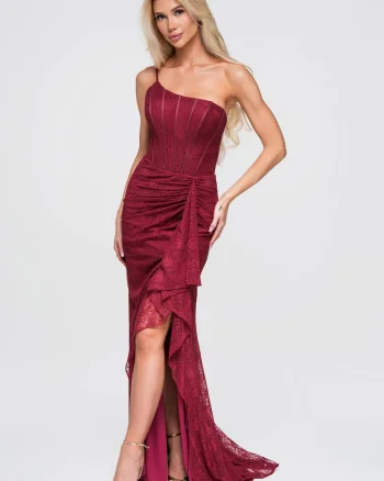 Rochie maxi de seara cu aspect asimetric, dantela, croi ajustat, Visiniu