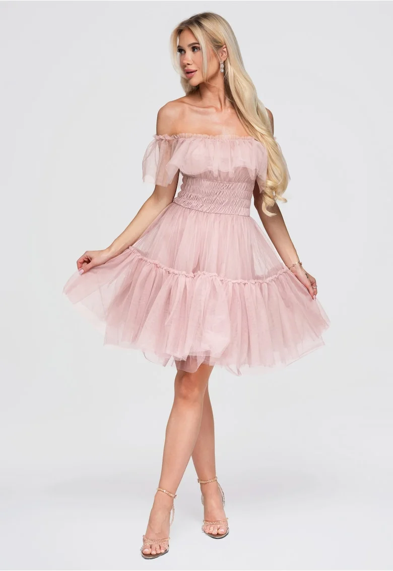 Rochie eleganta din tul roz, cu umeri goi si volane delicate, Roz,