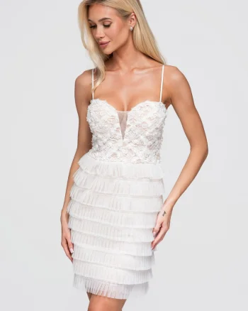 Rochie cocktail mini cu bust ajustat si fusta inflorata, Alb