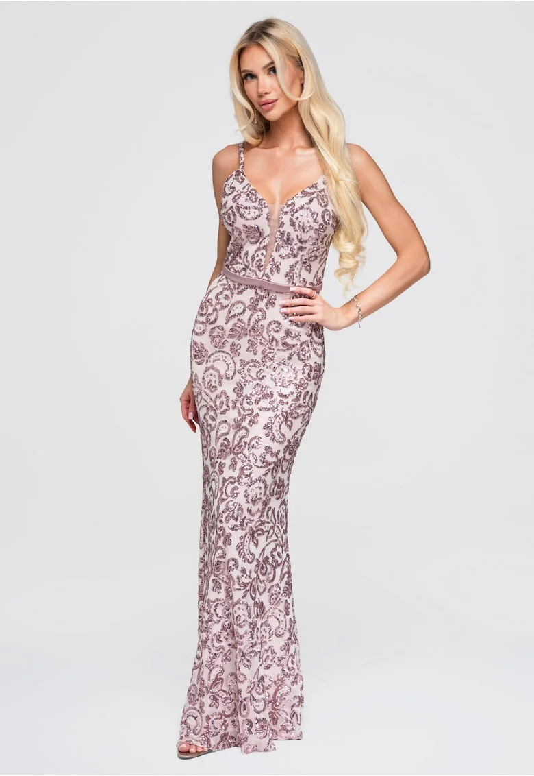 Rochie maxi cu decolteu adanc, bretele subtiri si talie evidentiata, Roz