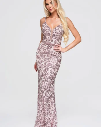Rochie maxi cu decolteu adanc, bretele subtiri si talie evidentiata, Roz