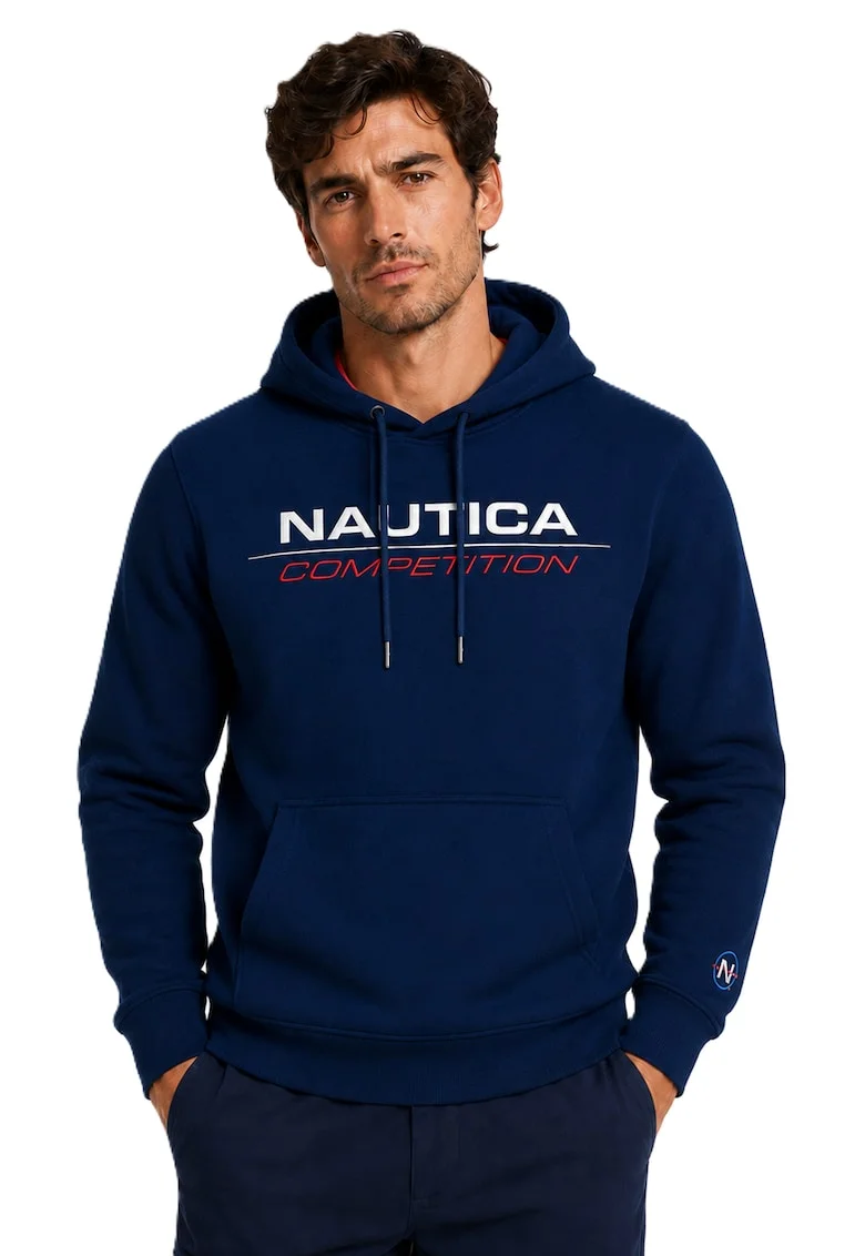 Hanorac cu imprimeu logo si buzunar kangaroo, Bleumarin