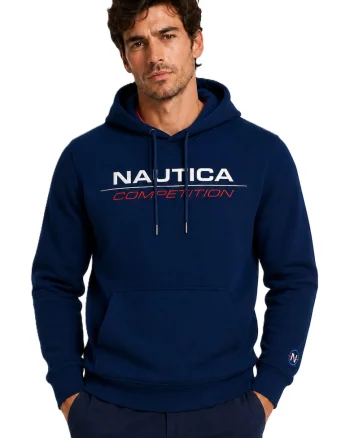 Hanorac cu imprimeu logo si buzunar kangaroo, Bleumarin