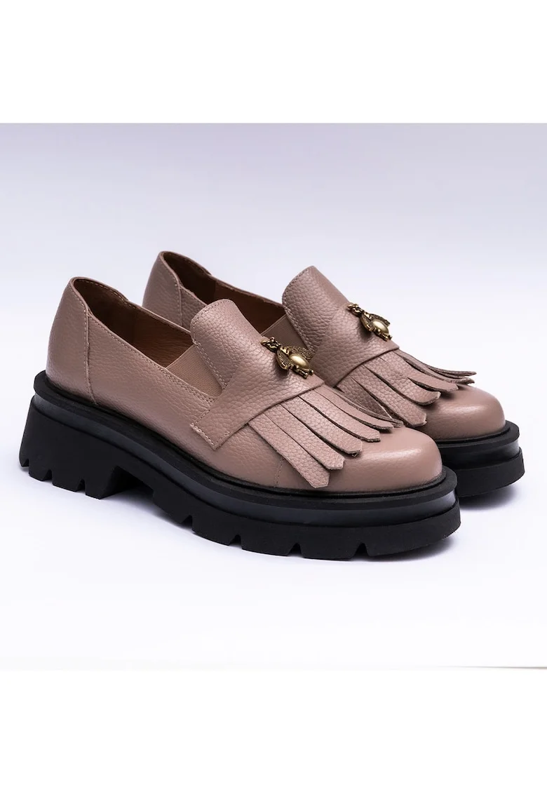 Pantofi mocasini din piele cu franjuri, nude, Nude