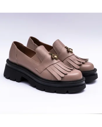 Pantofi mocasini din piele cu franjuri, nude, Nude