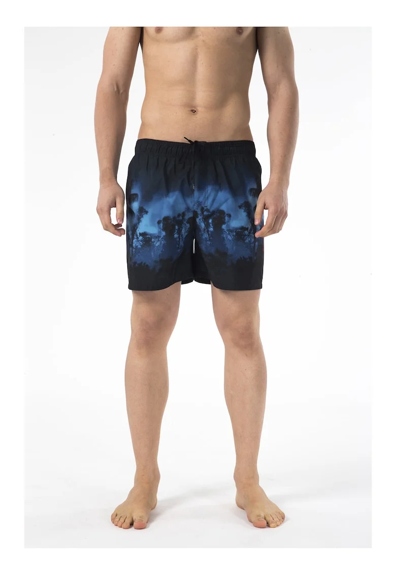 Pantaloni scurti de baie cu model si snur, Negru