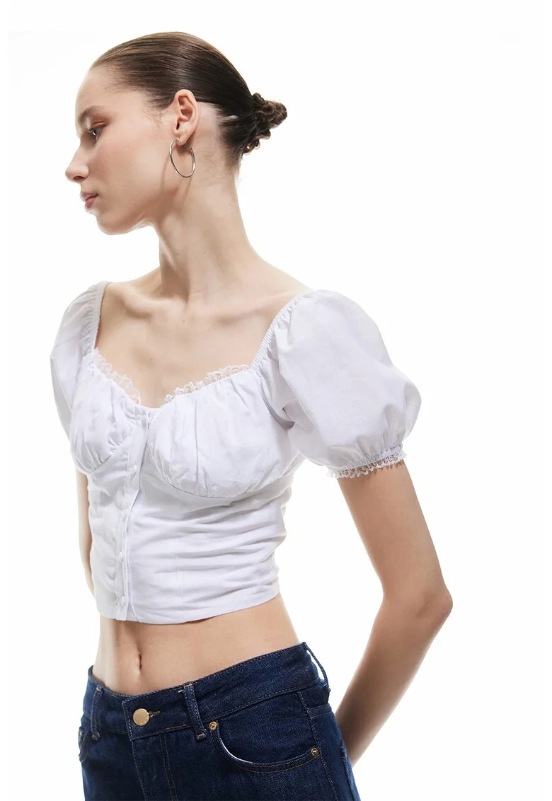 Bluza crop cu maneci bufante, Alb