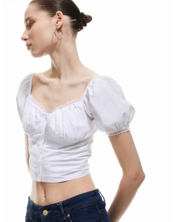 Bluza crop cu maneci bufante, Alb