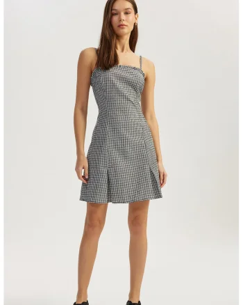 Rochie mini din amestec de bumbac in carouri, Alb/Negru