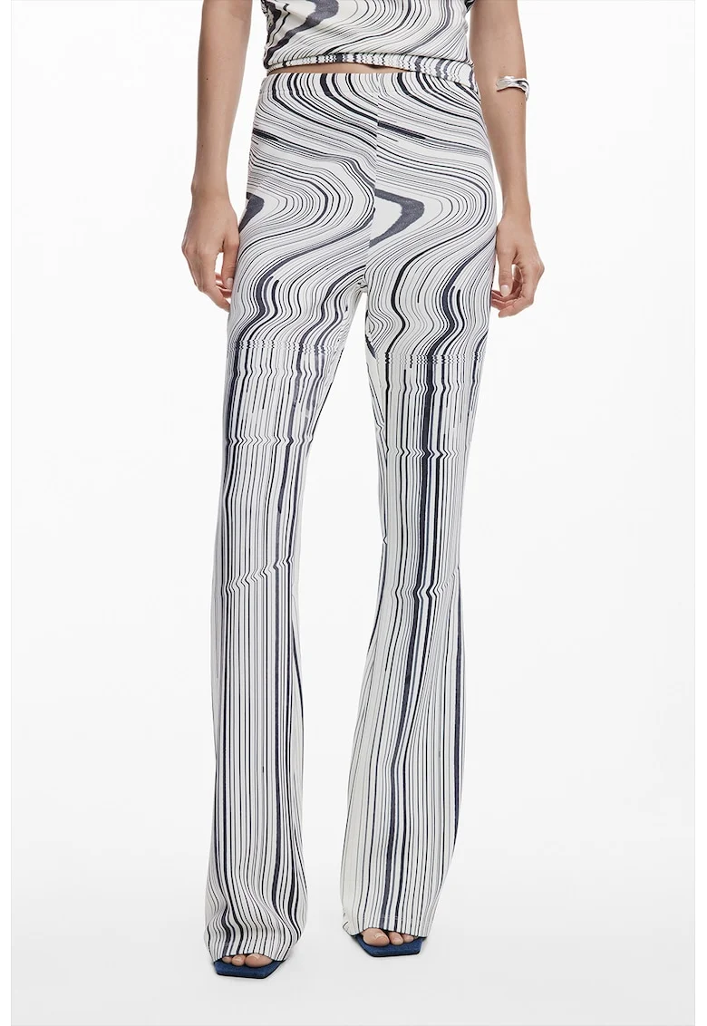Pantaloni elastici cu dungi asimetrice, Alb fildes/Gri inchis