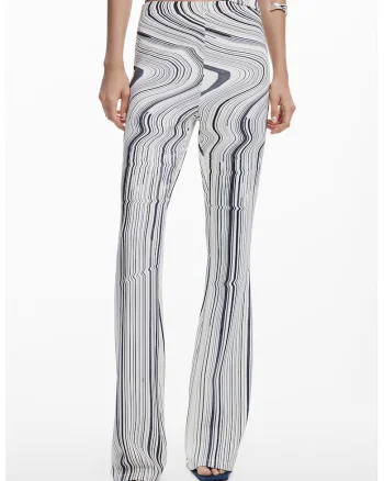 Pantaloni elastici cu dungi asimetrice, Alb fildes/Gri inchis