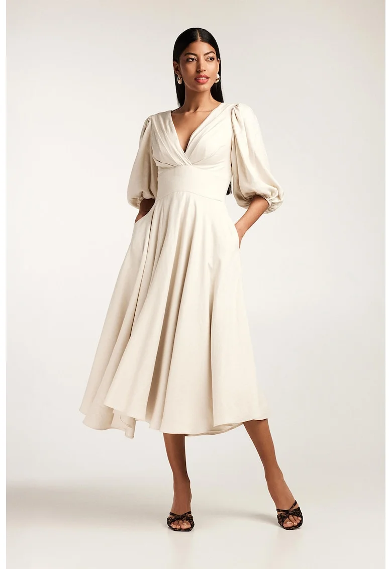 Rochie midi cu croiala in A, din amestec de bambuc, cu maneci bufante