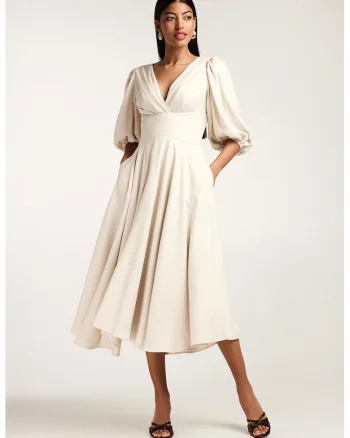 Rochie midi cu croiala in A, din amestec de bambuc, cu maneci bufante