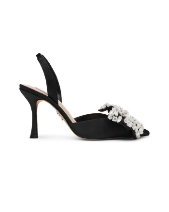 Pantofi din satin cu aplicatii din strasuri Lovie, Negru/Transparent