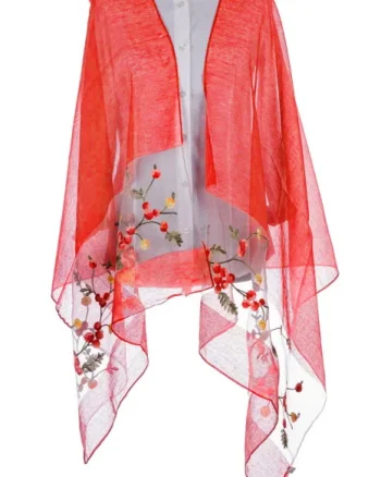 Esarfa din matase rosie, cu broderie flori pe fond transparent de organza