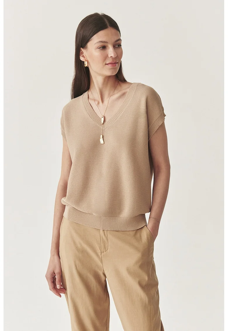 Pulover din tricot fin cu decolteu in V, Maro deschis