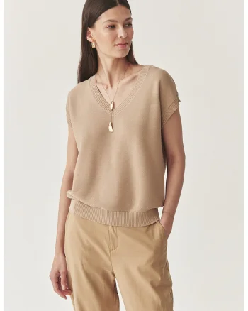 Pulover din tricot fin cu decolteu in V, Maro deschis