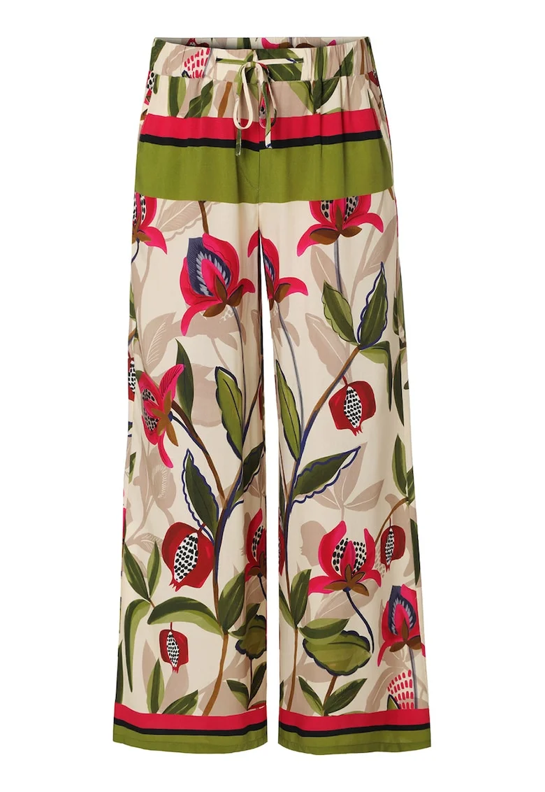 Pantaloni cu snur in talie si model floral, Fucsia/Bej/Verde masliniu