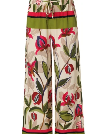 Pantaloni cu snur in talie si model floral, Fucsia/Bej/Verde masliniu