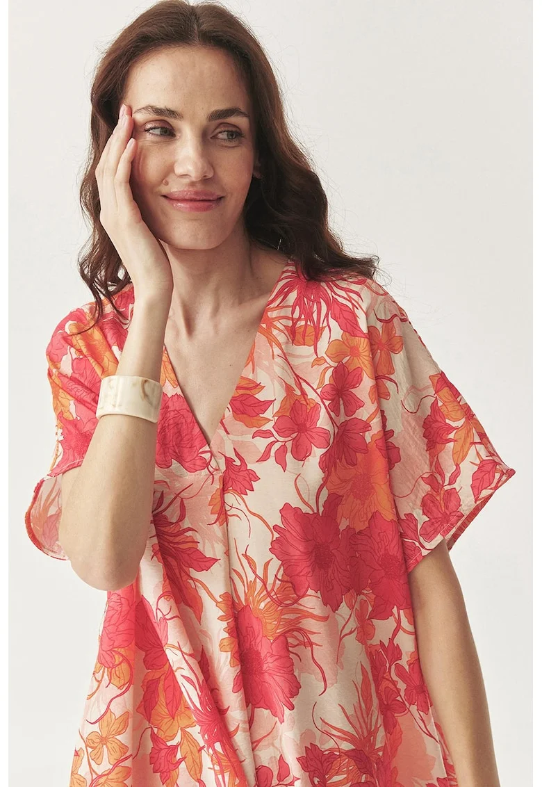 Rochie lejera cu imprimeu floral, Coral/Bej