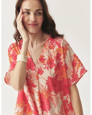 Rochie lejera cu imprimeu floral, Coral/Bej