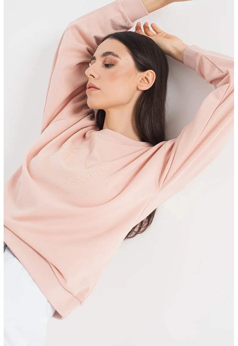 Bluza sport cu maneci cazute si logo cauciucat, Roz pastel