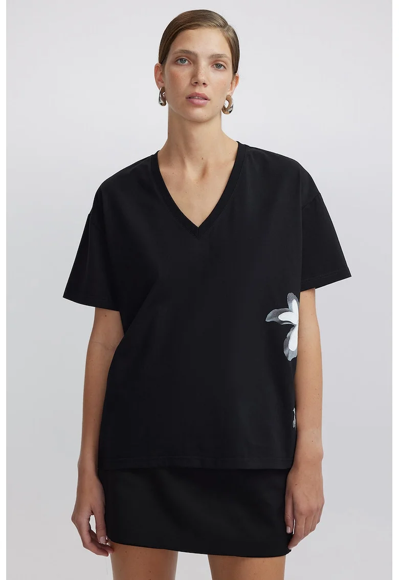 Tricou lejer cu decolteu in V, Negru/Albastru prafuit/Albastru glaciar