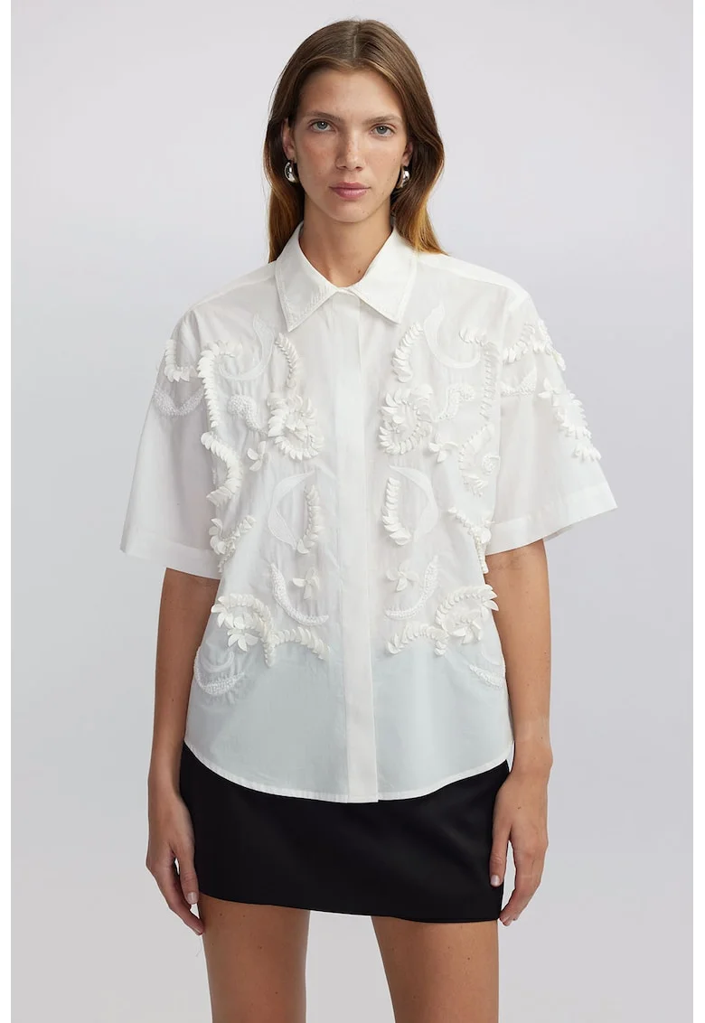 Camasa de bumbac cu broderie, Alb fildes