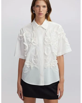 Camasa de bumbac cu broderie, Alb fildes