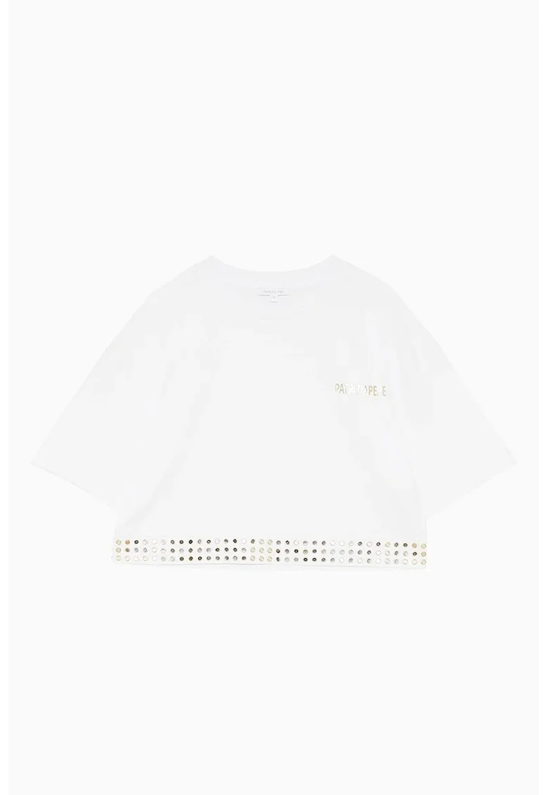 Tricou crop, cu detalii micro tip oglindă aplicate în trei rânduri, Alb