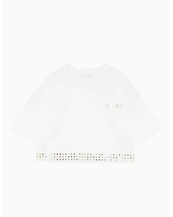Tricou crop, cu detalii micro tip oglindă aplicate în trei rânduri, Alb