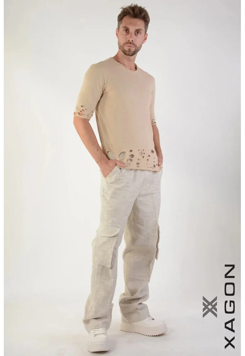 Tricou regular fit cu detalii damage la mâneci și talie, Bej