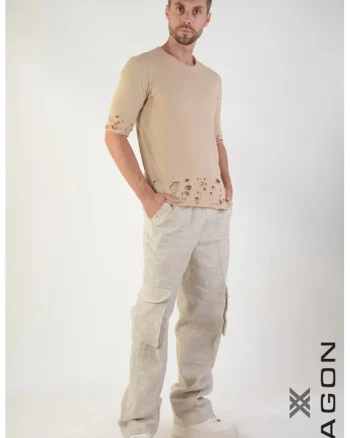 Tricou regular fit cu detalii damage la mâneci și talie, Bej