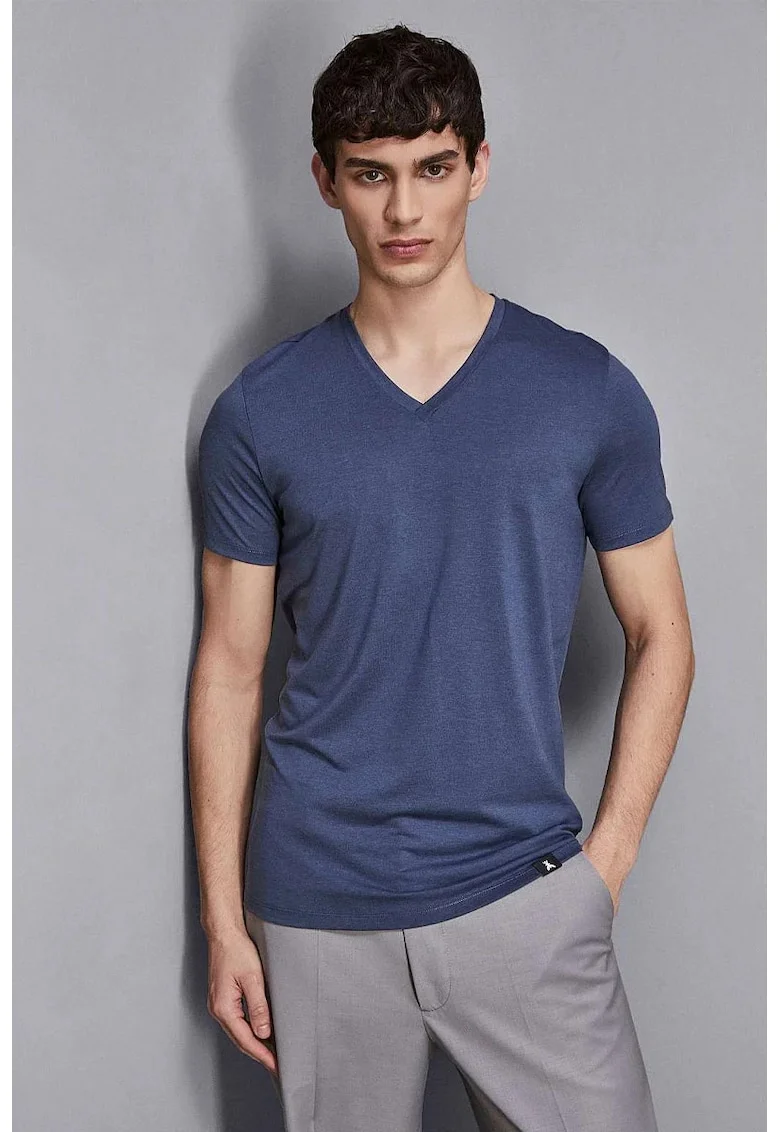 Tricou regular fit cu guler in V, Albastru