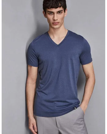 Tricou regular fit cu guler in V, Albastru