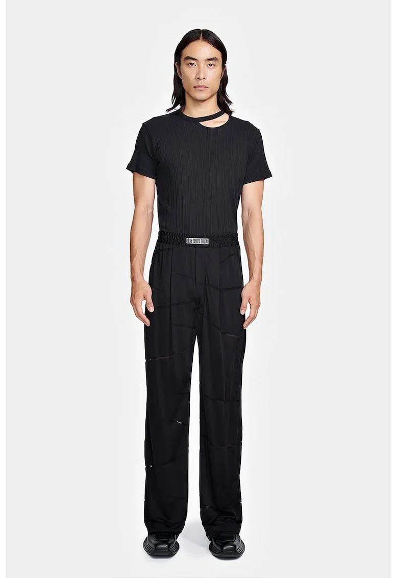 ,Pantaloni cu elastic în talie și multiple detalii transparente, Negru