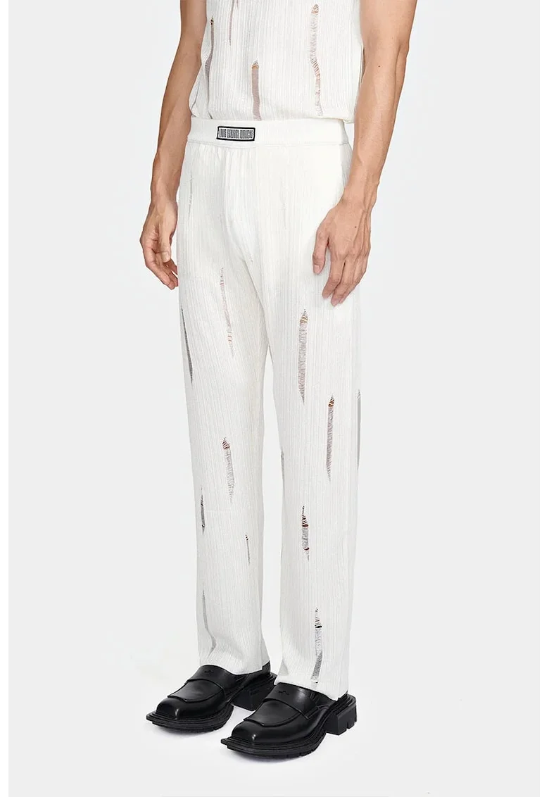 ,Pantaloni evazați din tricot, cu transparență discretă nervurată și logo frontal Louis Gabriel Nouchi, Alb