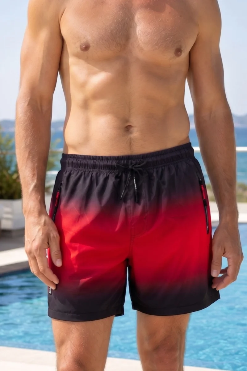 Sort de baie barbati premium, tip pantalon scurt, cu buzunare fermoar, negru rosu 8353 -resinge apa