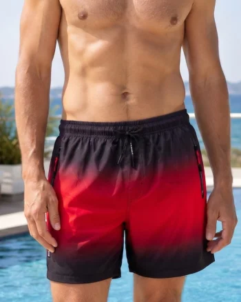 Sort de baie barbati premium, tip pantalon scurt, cu buzunare fermoar, negru rosu 8353 -resinge apa